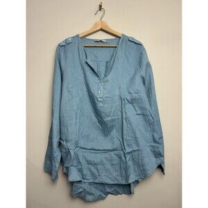 Soft Surroundings Womens Linen Top Blouse Size XL Blue Long Sleeve Sequin